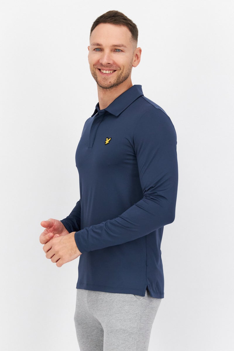 Men Regular Fit Brand Logo Long Sleeve Polo Shirts, Light Navy