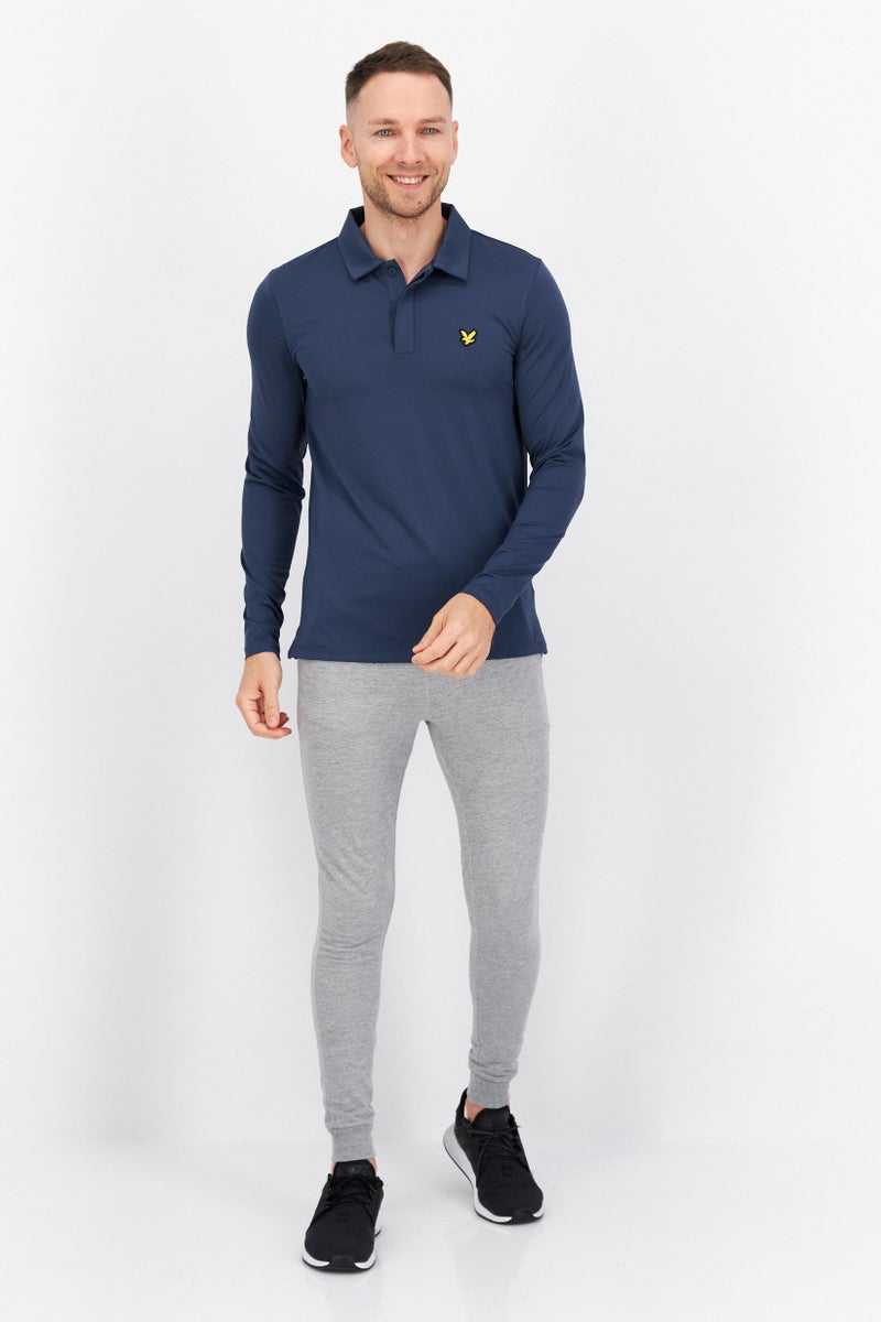 Men Regular Fit Brand Logo Long Sleeve Polo Shirts, Light Navy