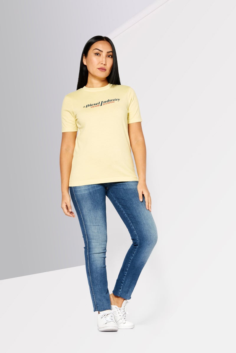 Women Crew Neck Short Sleeve Brand Logo T-Shirts, Yellow Combo