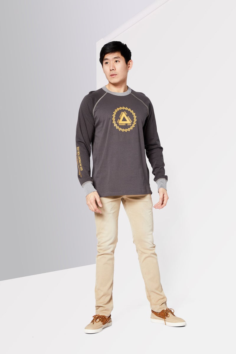 Men Crew Neck Long Sleeve Brand Logo T-Shirt, Grey