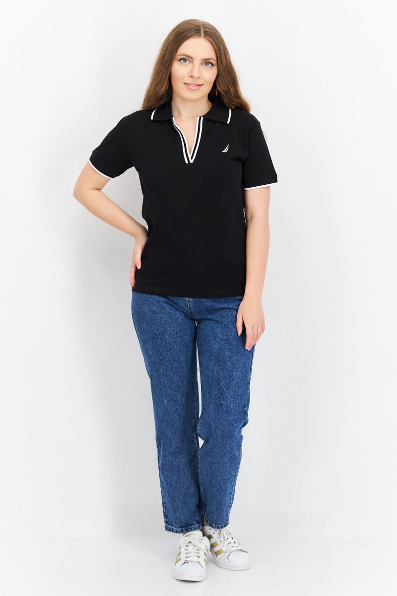 Women Regular Fit Embroidered Logo Short Sleeves Polo Shirt, Black