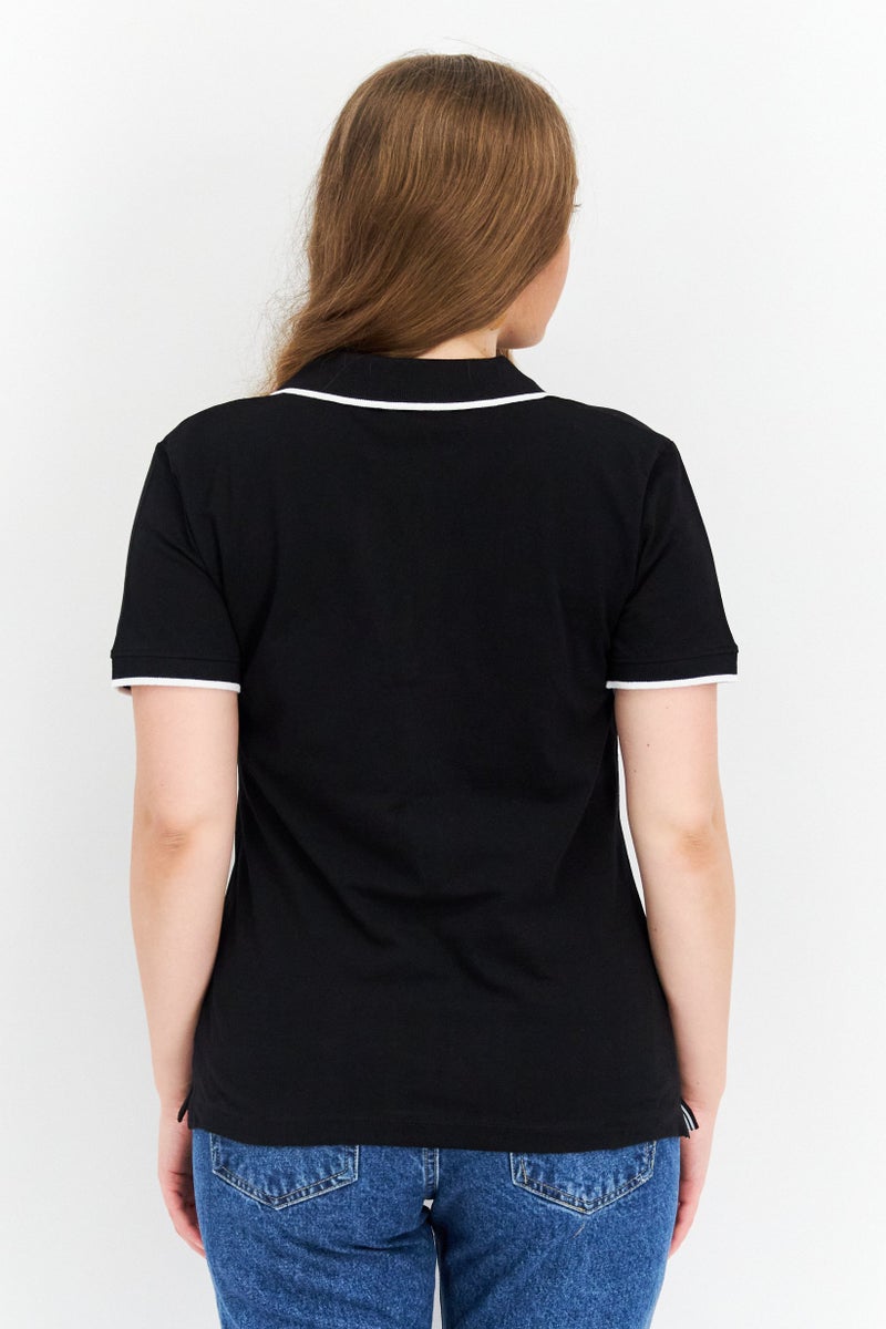 Women Regular Fit Embroidered Logo Short Sleeves Polo Shirt, Black