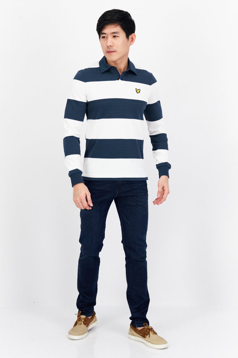 Men Regular Fit Stripe Long Sleeve Polo Shirts, Navy