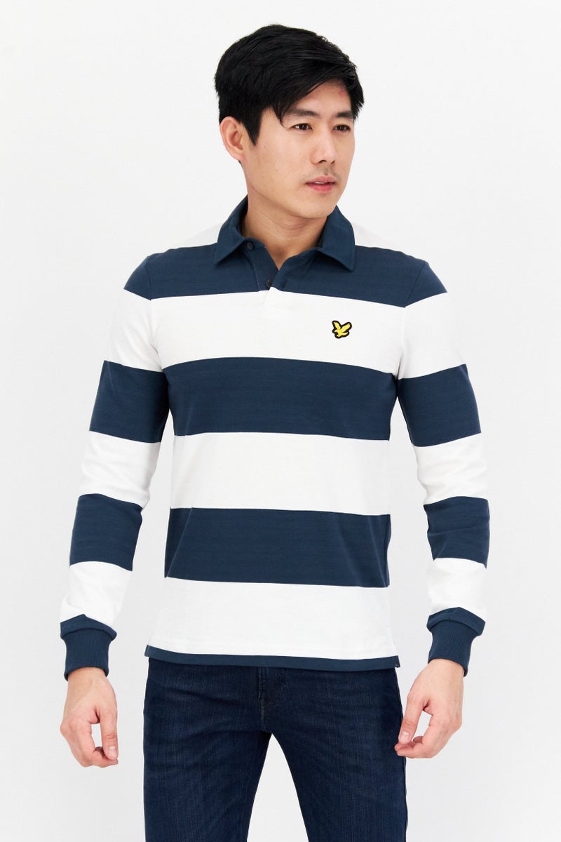 Men Regular Fit Stripe Long Sleeve Polo Shirts, Navy