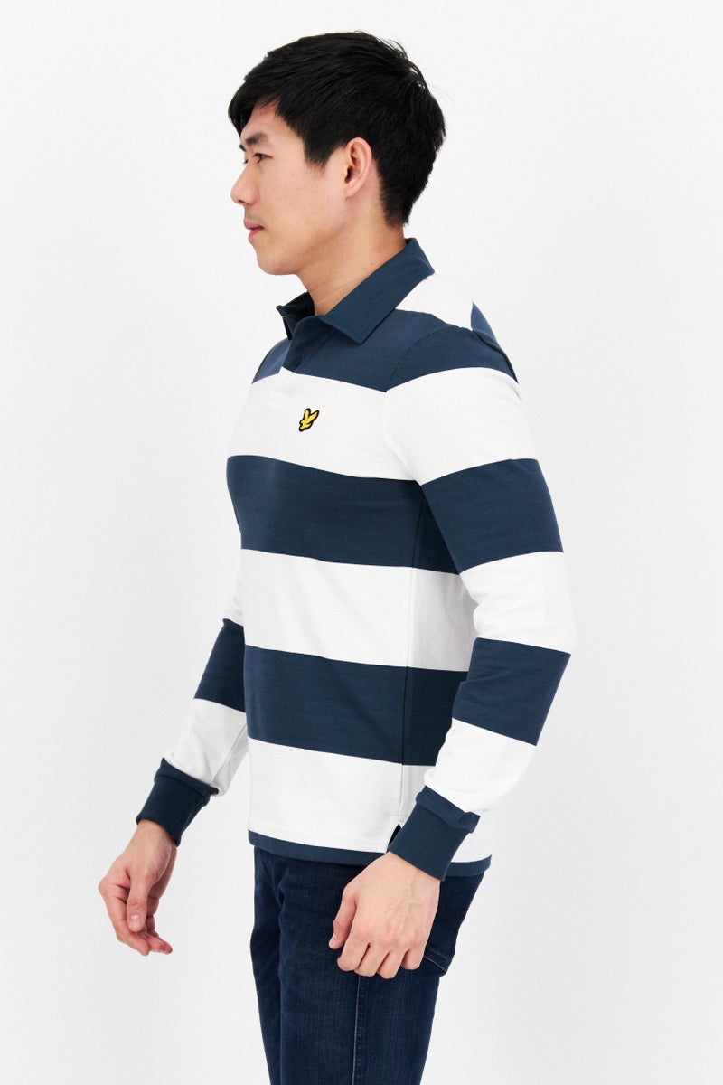 Men Regular Fit Stripe Long Sleeve Polo Shirts, Navy