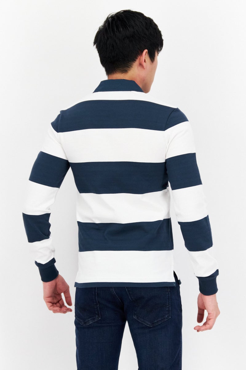 Men Regular Fit Stripe Long Sleeve Polo Shirts, Navy