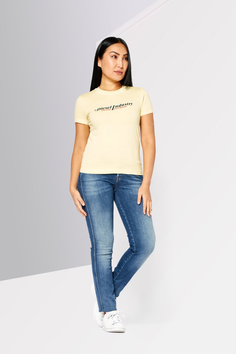 Women Crew Neck Short Sleeve Brand Logo T-Shirts, Yellow