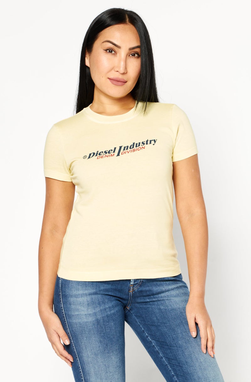 Women Crew Neck Short Sleeve Brand Logo T-Shirts, Yellow