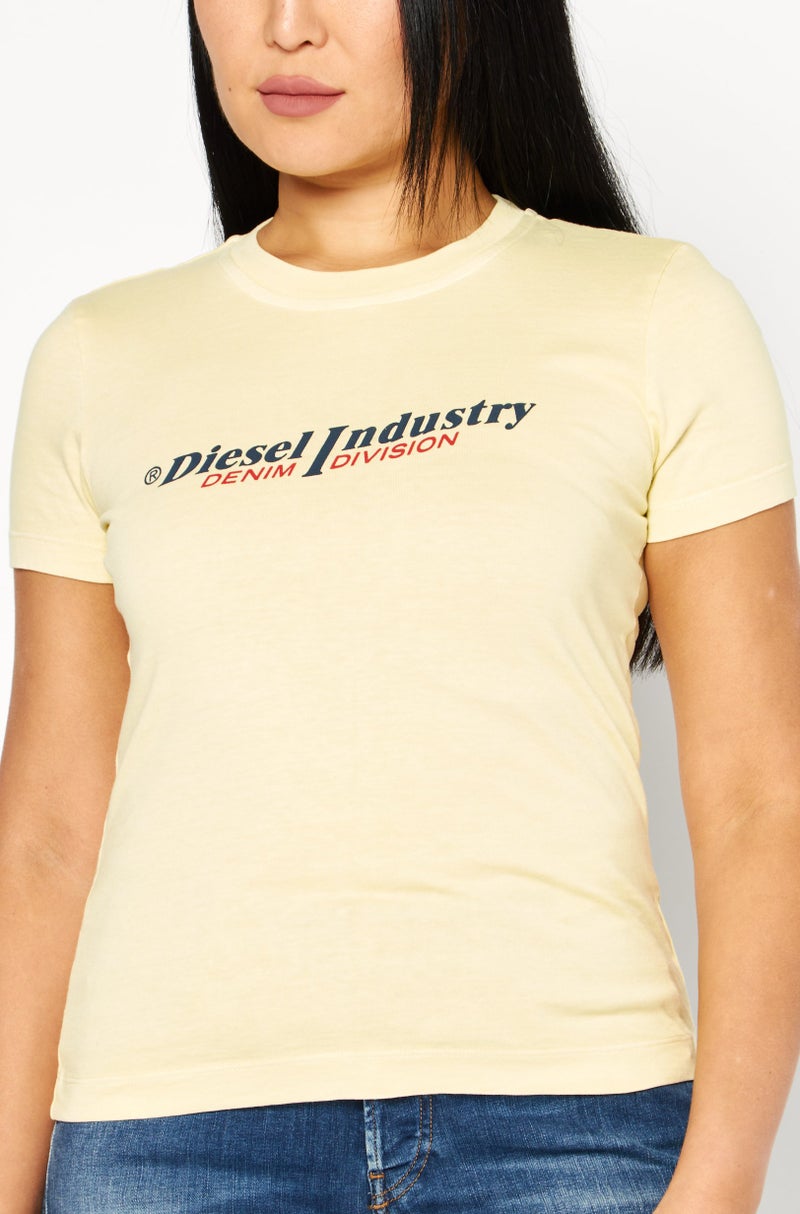 Women Crew Neck Short Sleeve Brand Logo T-Shirts, Yellow