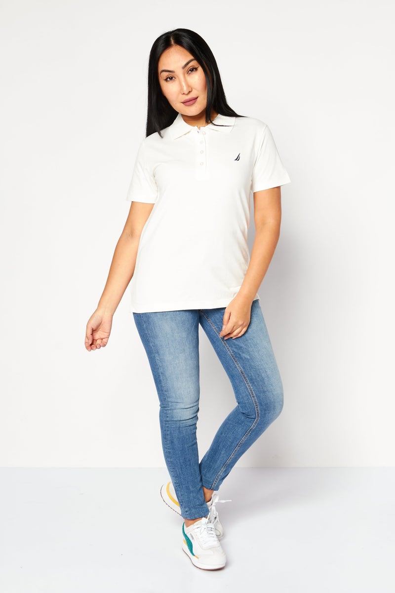 Women Regular Fit Embroidered Logo Short Sleeves Polo Shirt, White