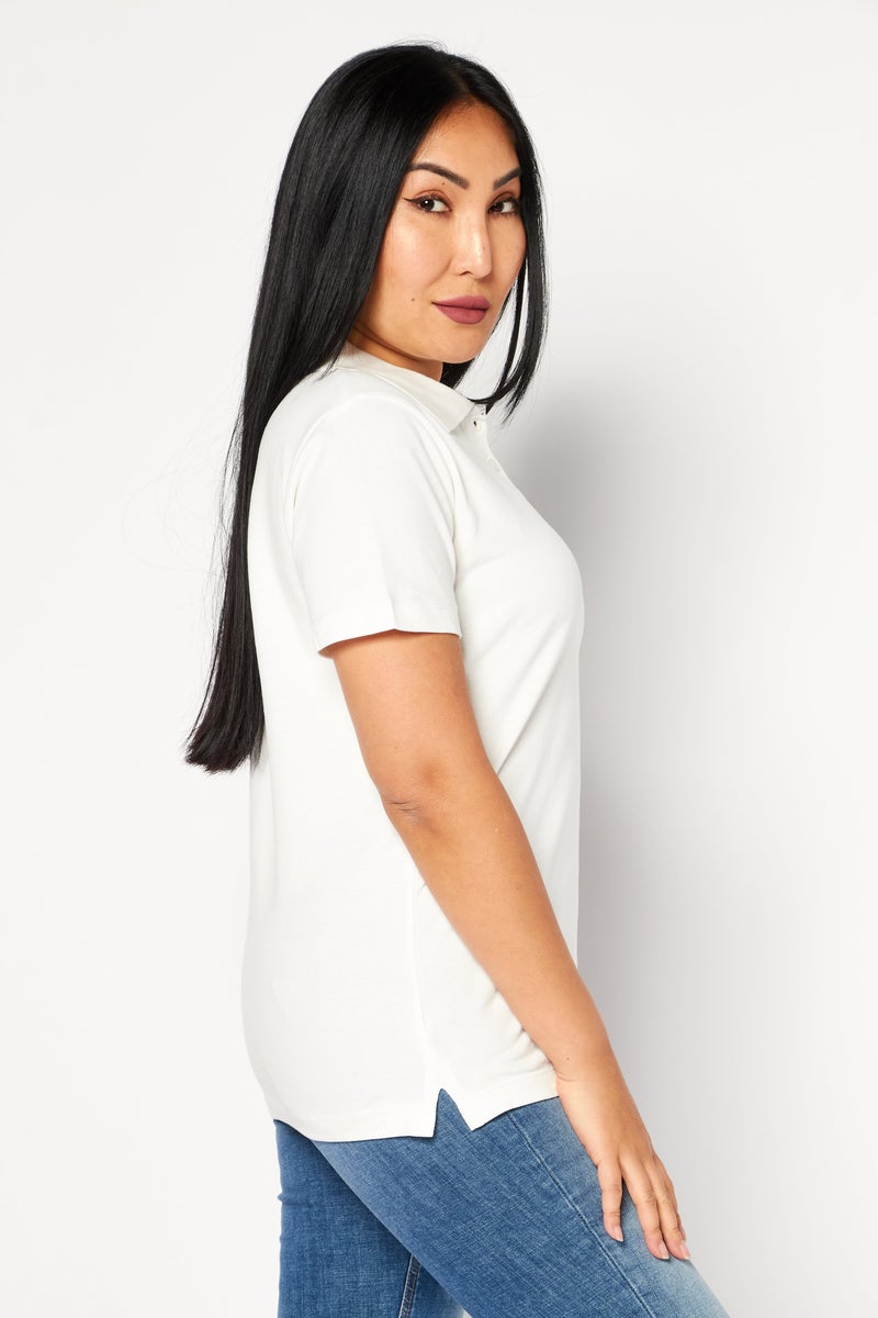Women Regular Fit Embroidered Logo Short Sleeves Polo Shirt, White