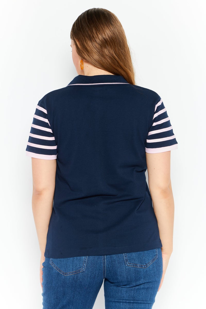Women Spread Collar Short Sleeve Embroidered Polo Shirt, Navy