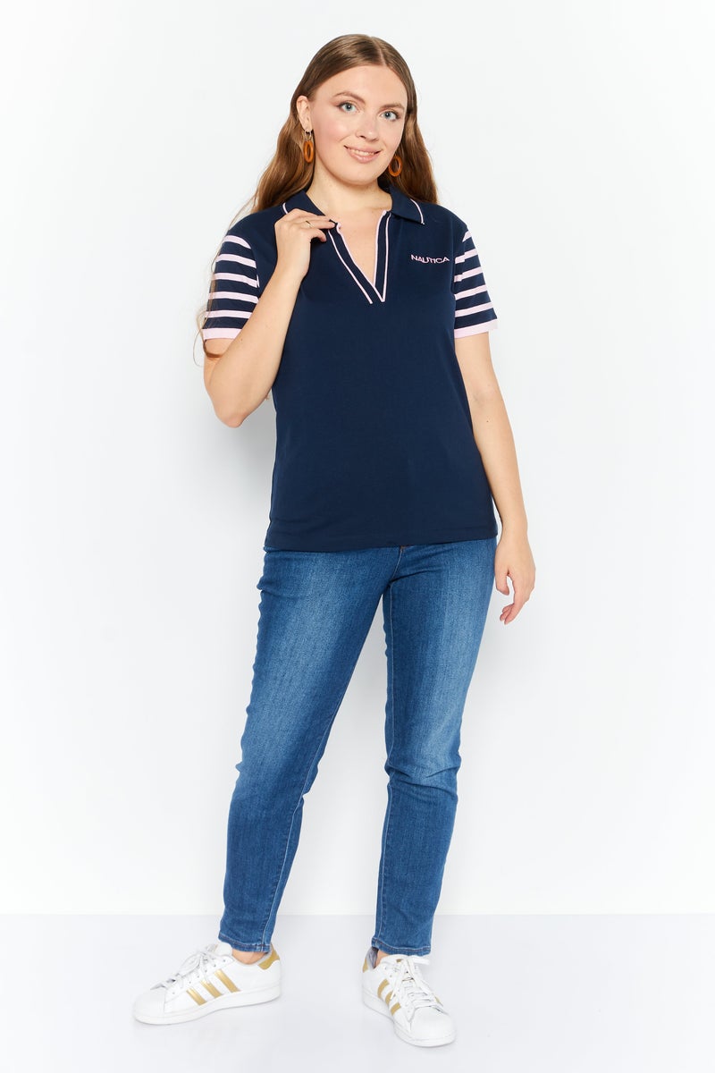 Women Spread Collar Short Sleeve Embroidered Polo Shirt, Navy