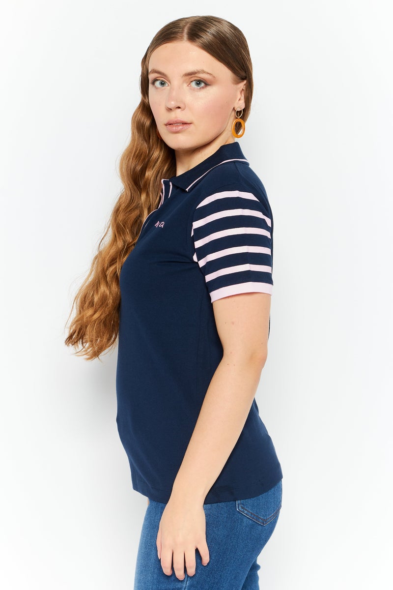 Women Spread Collar Short Sleeve Embroidered Polo Shirt, Navy