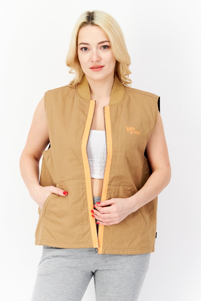 Women Sportswear Fit Embroidered Logo Vest Jacket, Tan/Orange