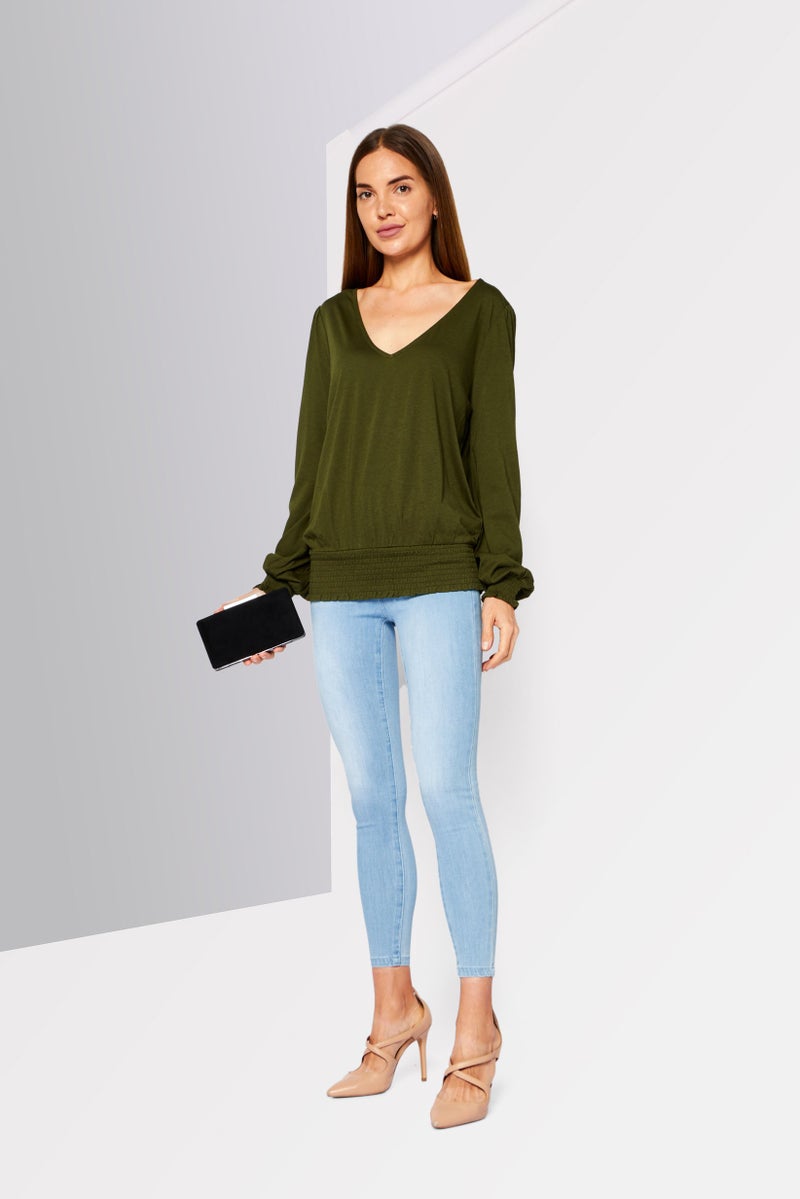 Women Petite  V-Neck Bishop Sleeves Plain Top, Olive