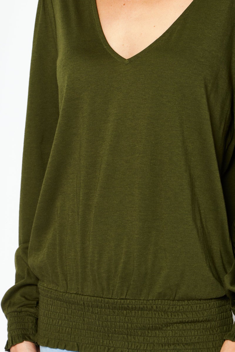 Women Petite  V-Neck Bishop Sleeves Plain Top, Olive