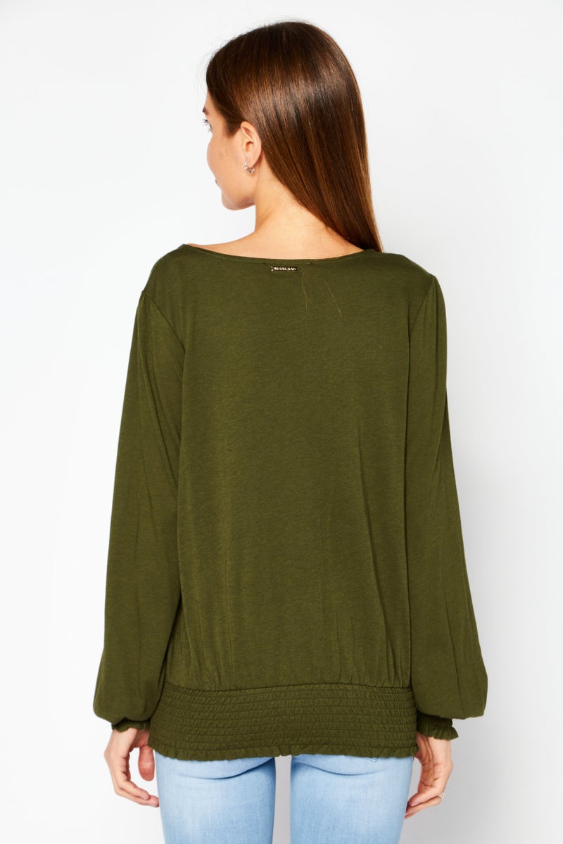 Women Petite  V-Neck Bishop Sleeves Plain Top, Olive