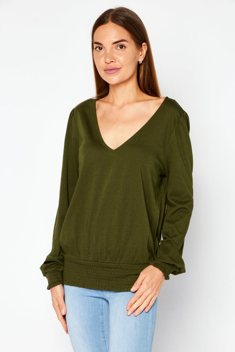 Women Petite  V-Neck Bishop Sleeves Plain Top, Olive