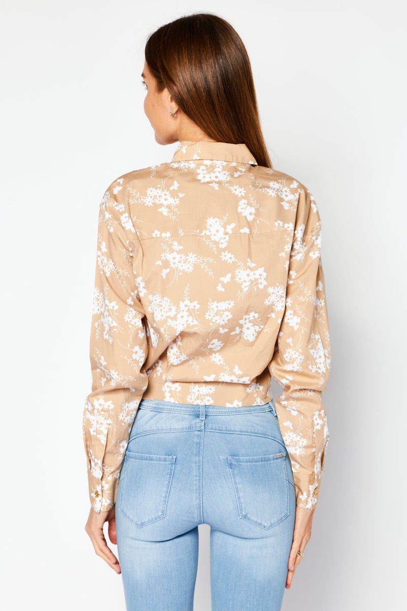 Women Spread Collar Long Sleeve Floral Print Top, Khaki