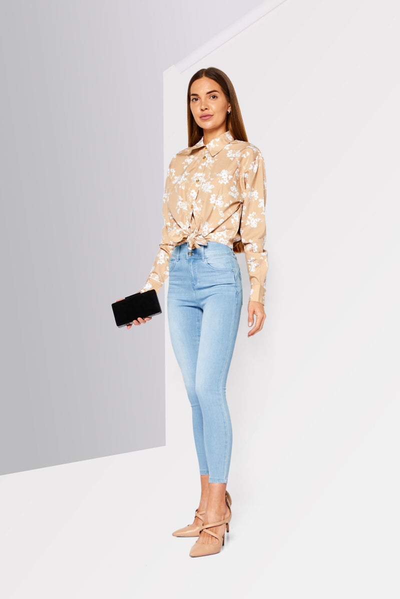Women Spread Collar Long Sleeve Floral Print Top, Khaki