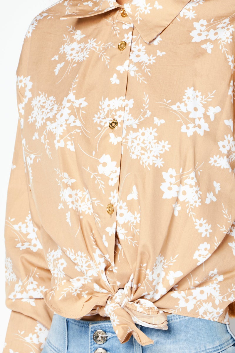 Women Spread Collar Long Sleeve Floral Print Top, Khaki