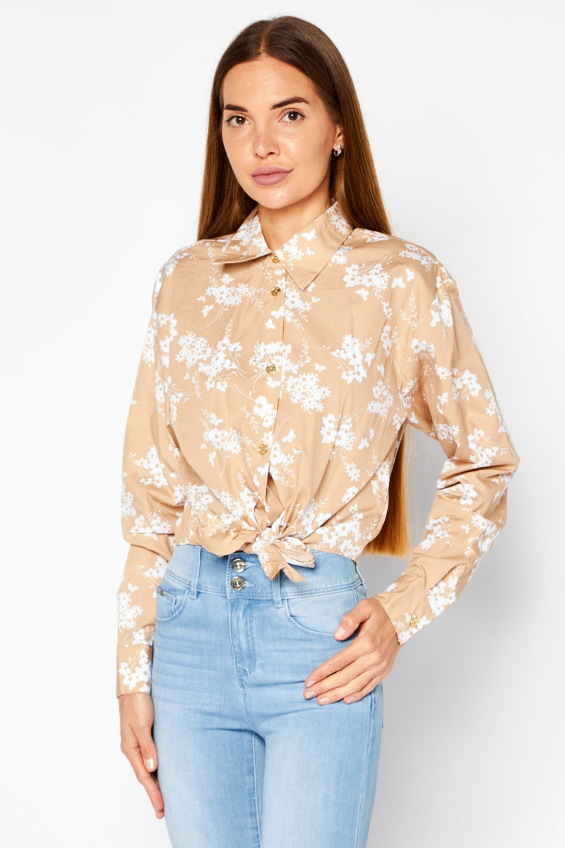 Women Spread Collar Long Sleeve Floral Print Top, Khaki