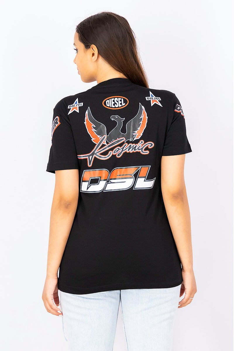 Women Crew Neck Short Sleeves Graphic Print Top, Black