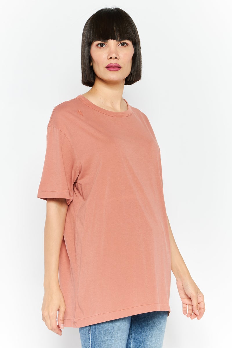 Women Round Neck Short Sleeves Plain Top, Dark Peach