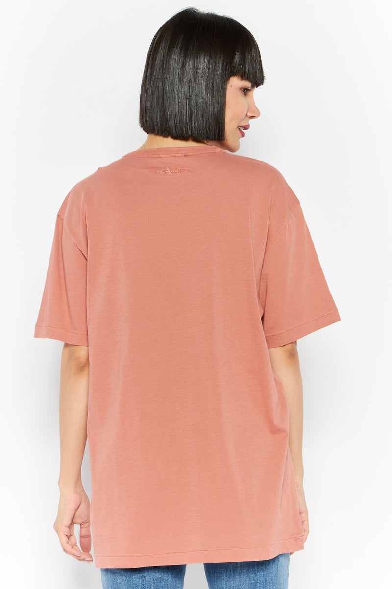 Women Round Neck Short Sleeves Plain Top, Dark Peach