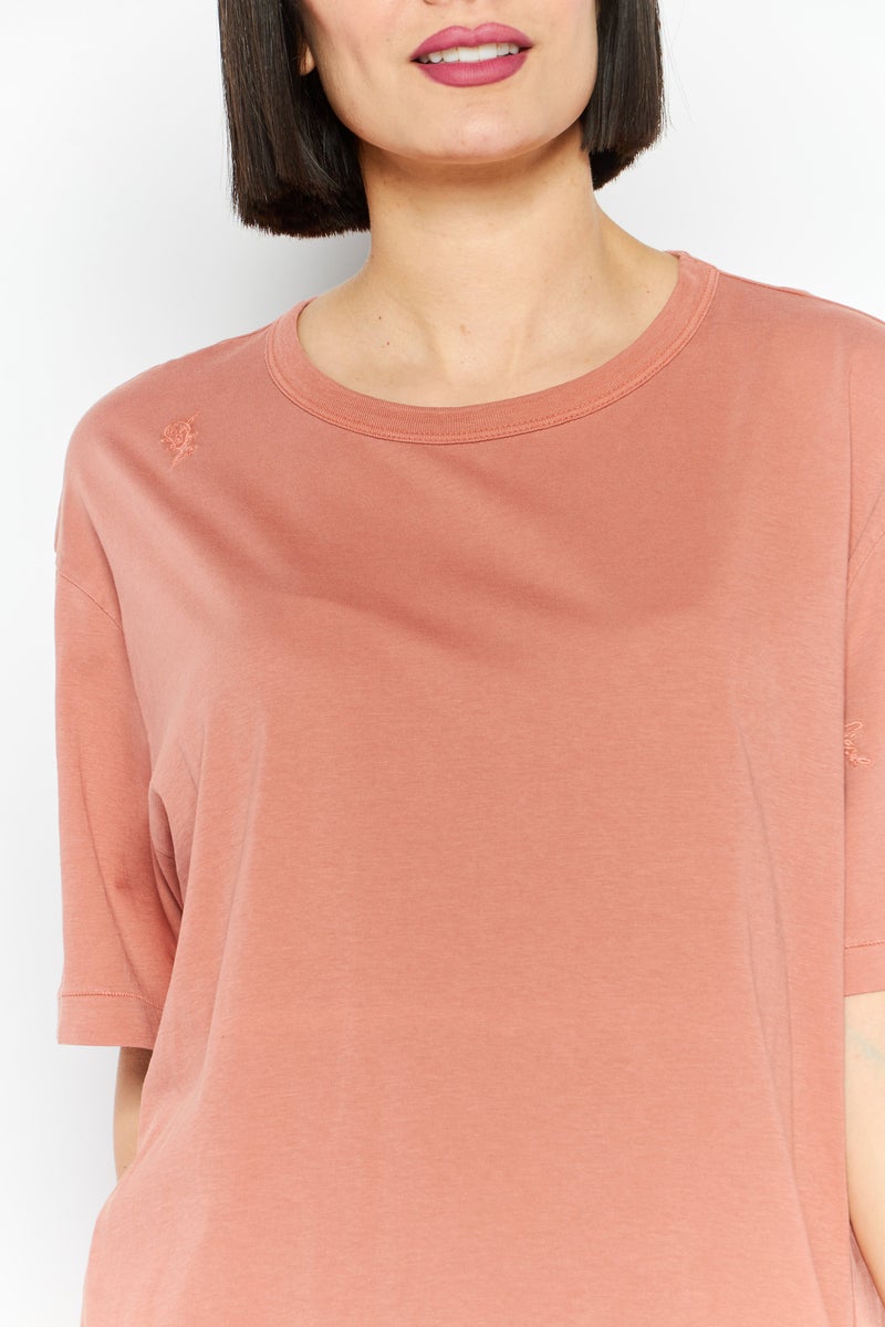 Women Round Neck Short Sleeves Plain Top, Dark Peach