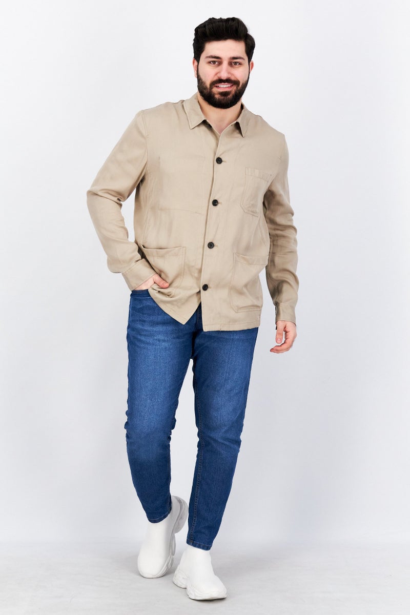 Men Regular Fit Solid Long Sleeve Casual Shirt, Tan