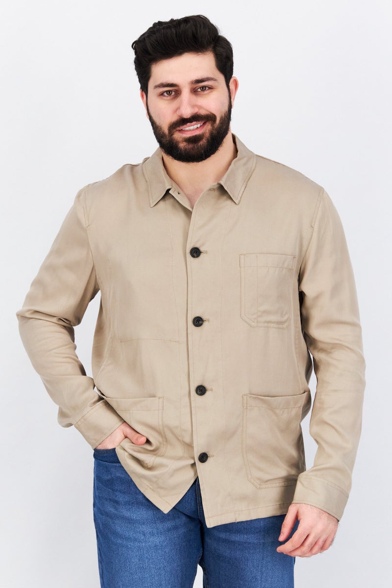 Men Regular Fit Solid Long Sleeve Casual Shirt, Tan