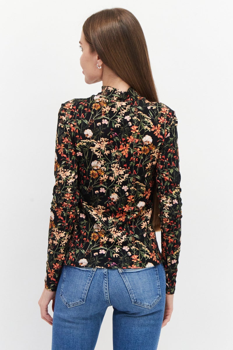 Women High Neck Long Sleeves Floral Print Blouse, Black Combo