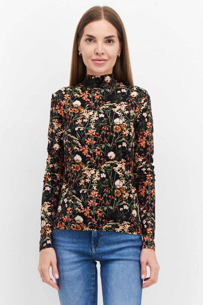 Women High Neck Long Sleeves Floral Print Blouse, Black Combo