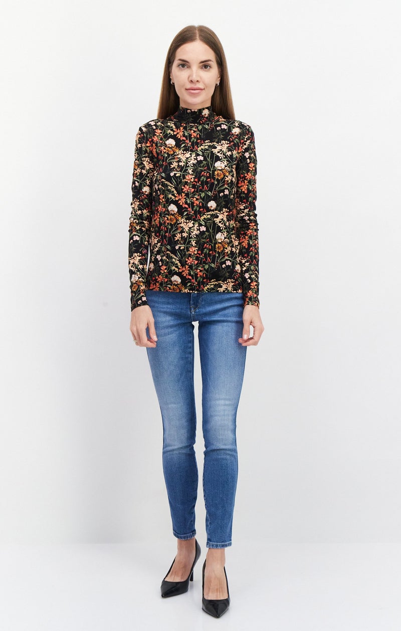 Women High Neck Long Sleeves Floral Print Blouse, Black Combo