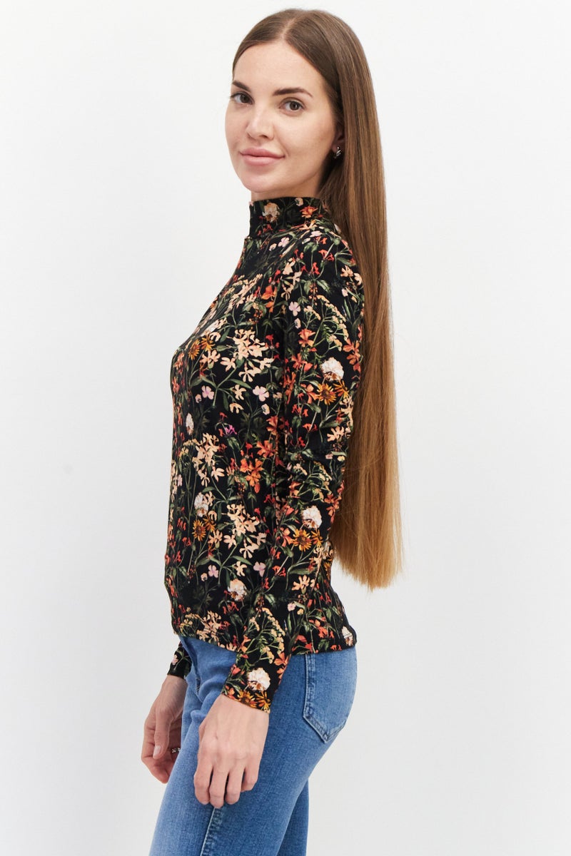 Women High Neck Long Sleeves Floral Print Blouse, Black Combo