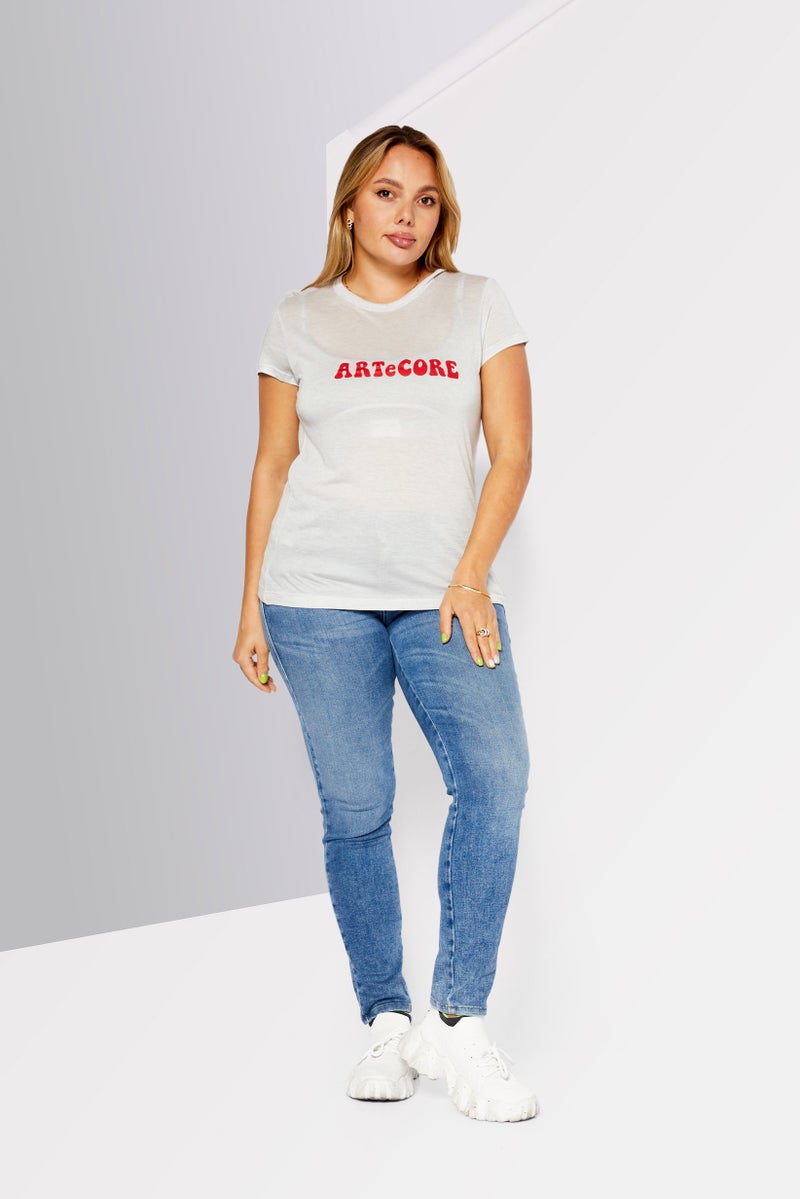 Women Round Neck Short Sleeve Graphic Top, Light Grey