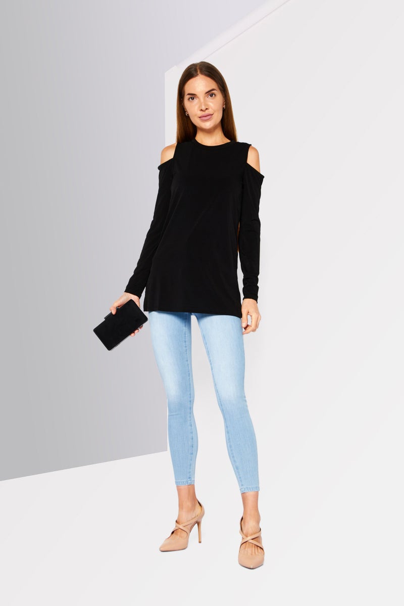 Women Crew Neck Long Sleeve Solid Top, Black
