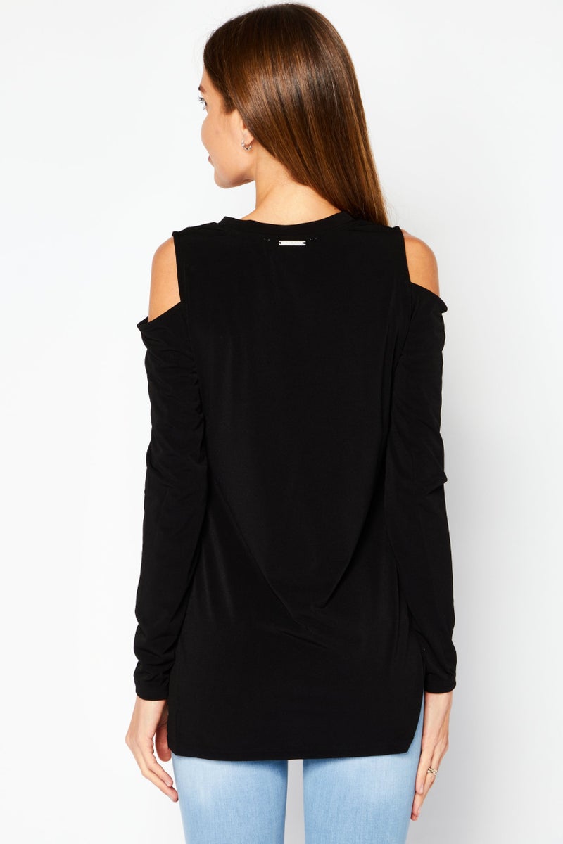 Women Crew Neck Long Sleeve Solid Top, Black