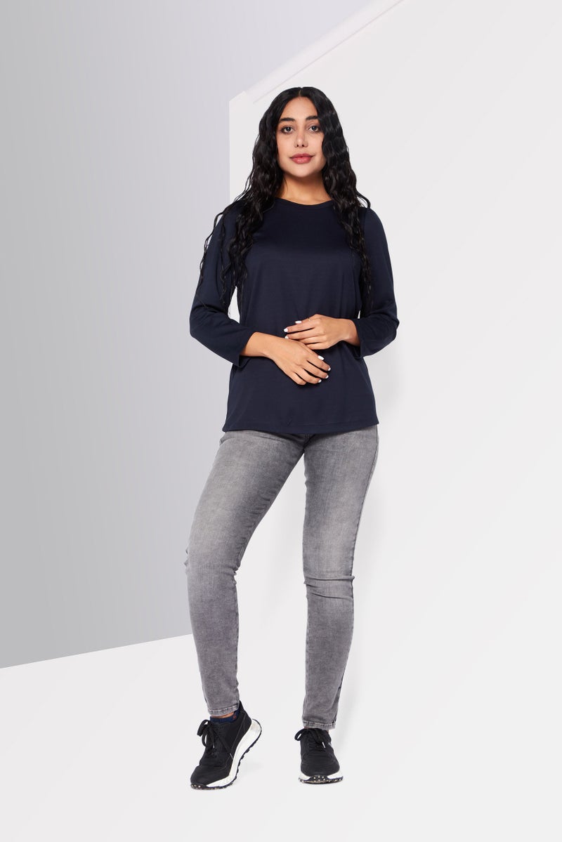 Women Round Neck Long Sleeve Plain Top, Navy