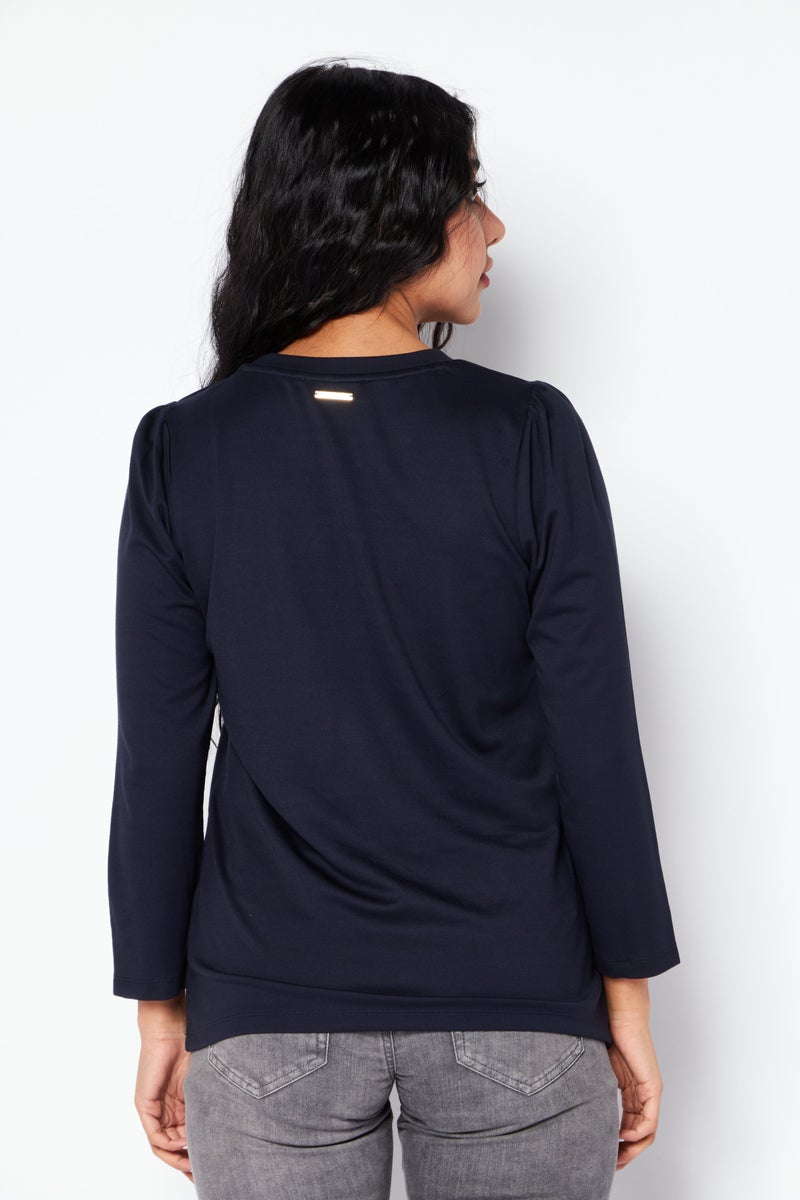 Women Round Neck Long Sleeve Plain Top, Navy