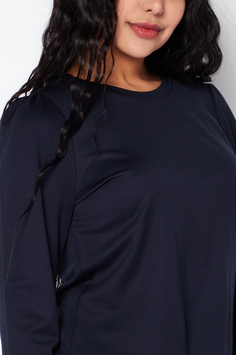 Women Round Neck Long Sleeve Plain Top, Navy