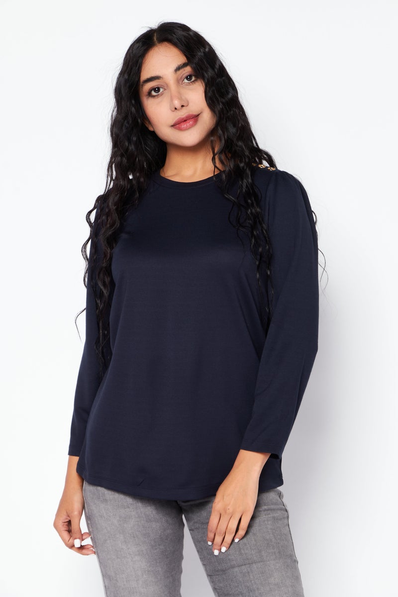 Women Round Neck Long Sleeve Plain Top, Navy