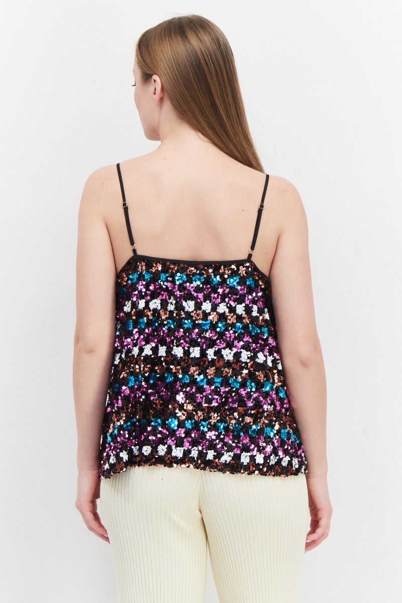 Women Cowl Neck Sleeveless Textured Top, Black Combo