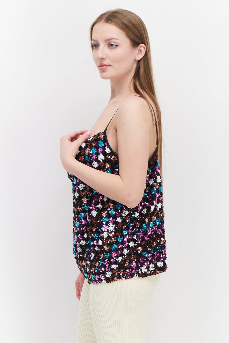 Women Cowl Neck Sleeveless Textured Top, Black Combo