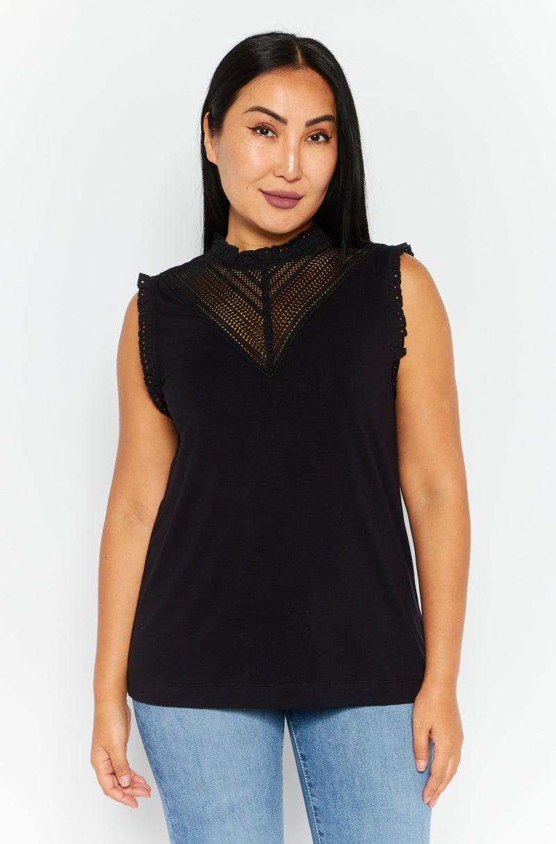 Women Round Neck Sleeveless Plain Top, Black