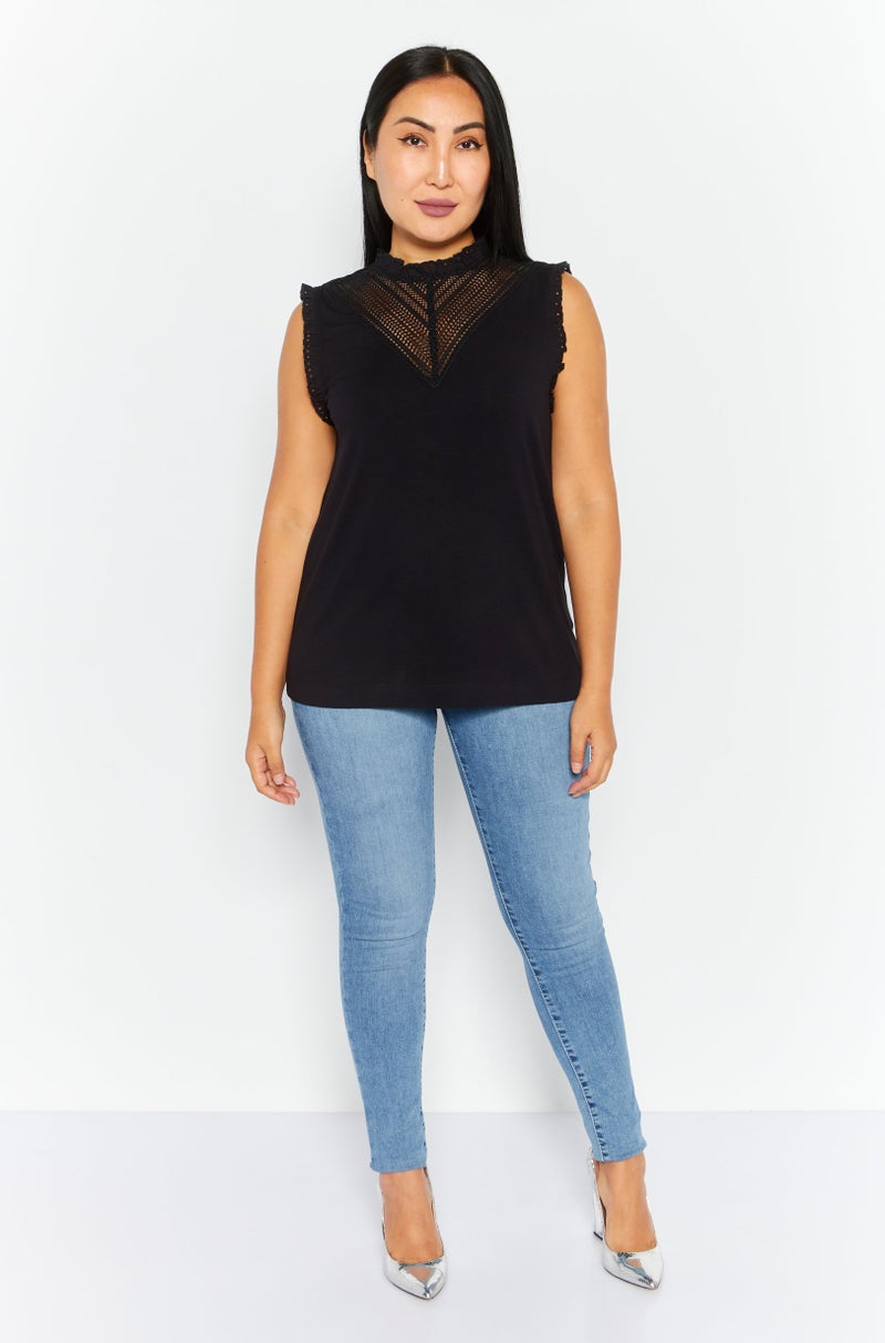 Women Round Neck Sleeveless Plain Top, Black