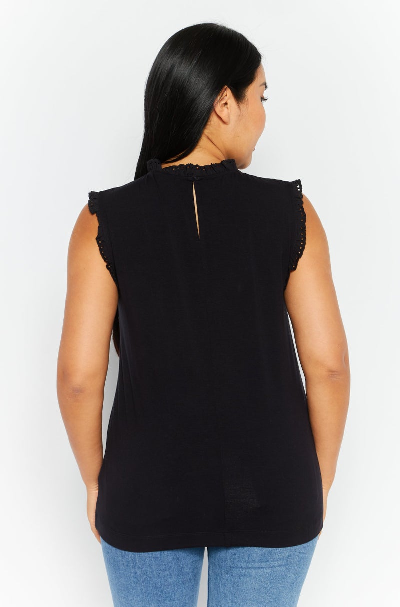 Women Round Neck Sleeveless Plain Top, Black