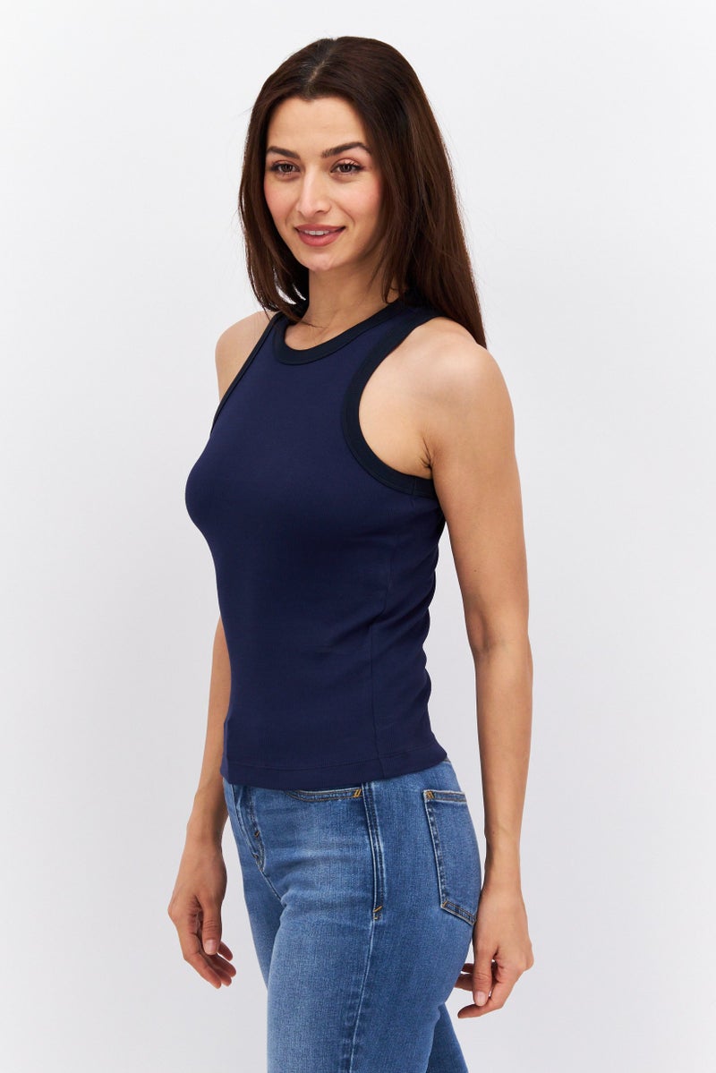 Women Round Neck Sleeveless Textured Tank Top, Navy